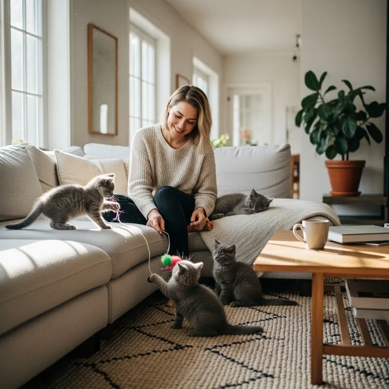 Blonde Girl Smiling in Spacious Living Room with Three Playful Gray Kittens