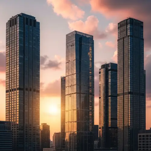 Majestic Urban Skyline at Sunset: Architectural Beauty Captured