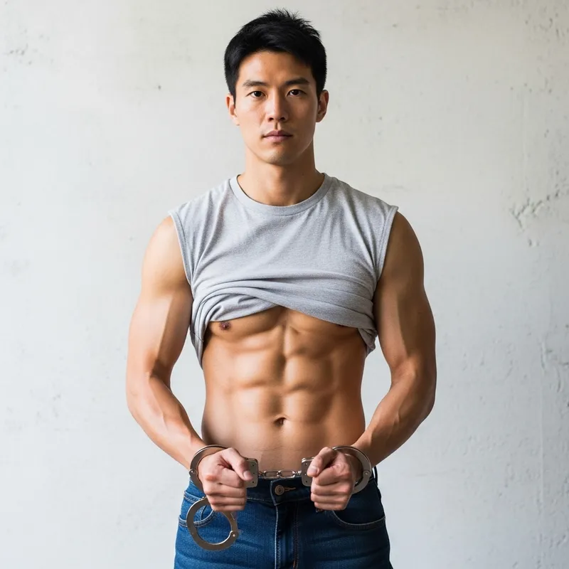 Handcuffed Six-Pack: Muscular Asian Man Displaying Abs
