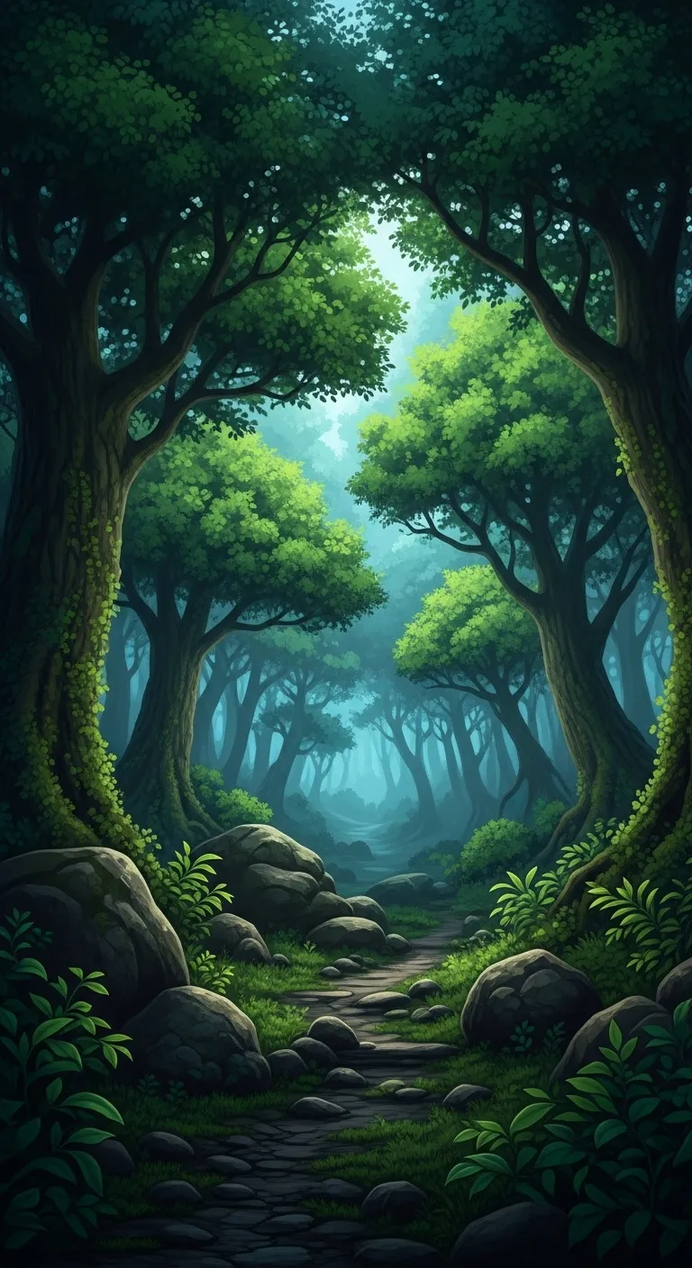 Enchanting Fantasy Forest with Lush Foliage and Giant Stones Enchanting Fantasy Forest with Lush Foliage and Giant Stones