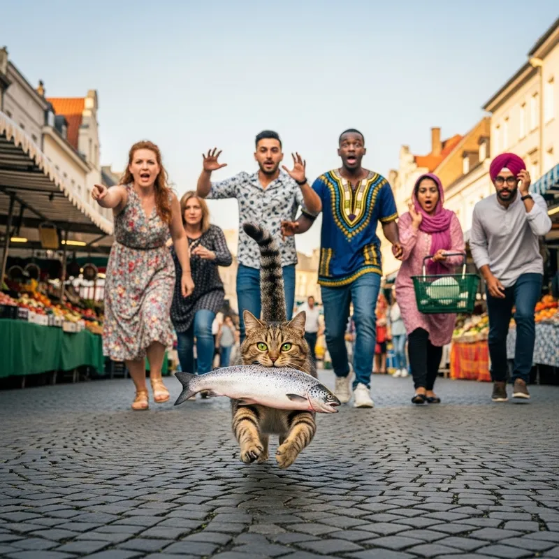 Playful Cat Carrying Fish Through Crowded Street