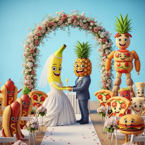 Surreal Fruit Wedding under Floral Arch with Food Audience