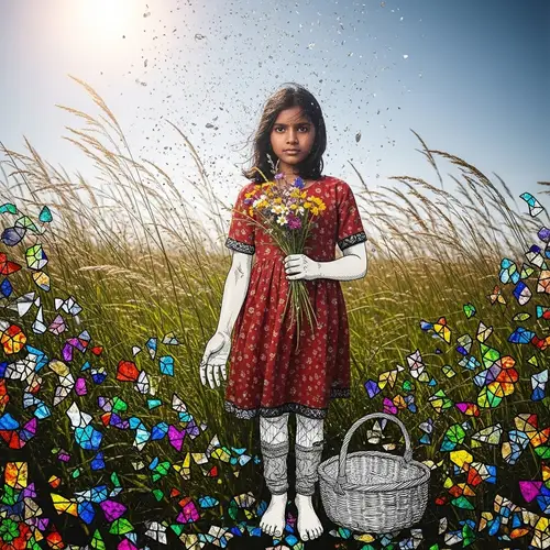 Detailed Mixed Media Photography of Blooming Meadow with Girl and Stained Glass Elements
