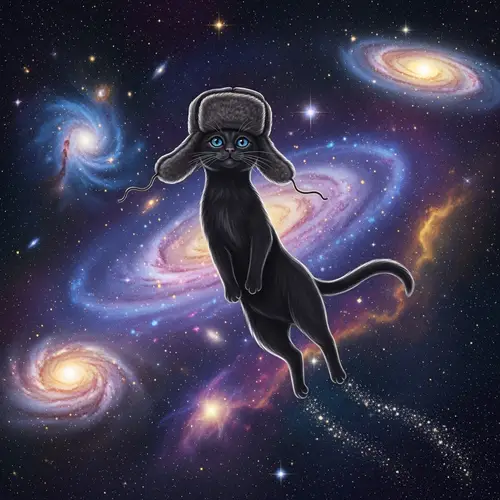 Space Cat in Russian Fur Hat Floating in Cosmos