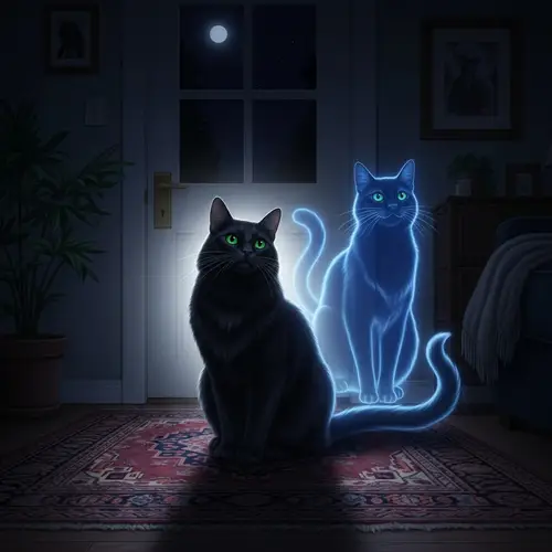 Serene Moonlit Home Setting with Majestic Black Cat and Astral Projection