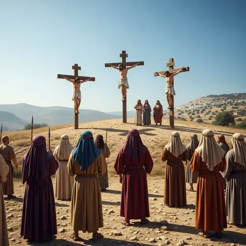 Historical Depiction of Ancient Israel with Three Crucified Men on Crosses