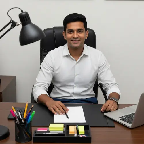 Modern Indian Man at Desk: Professional Pose