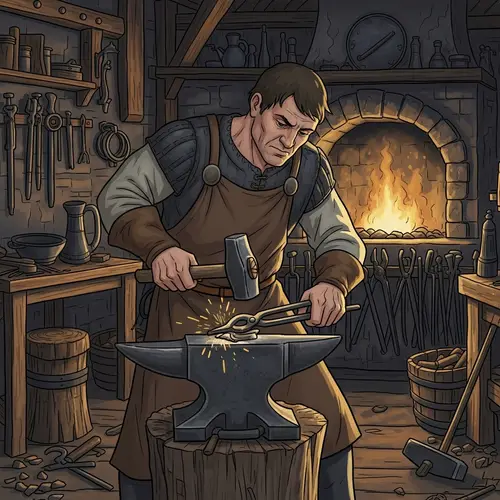 Medieval Blacksmith at Work: Crafting Metal with Tools