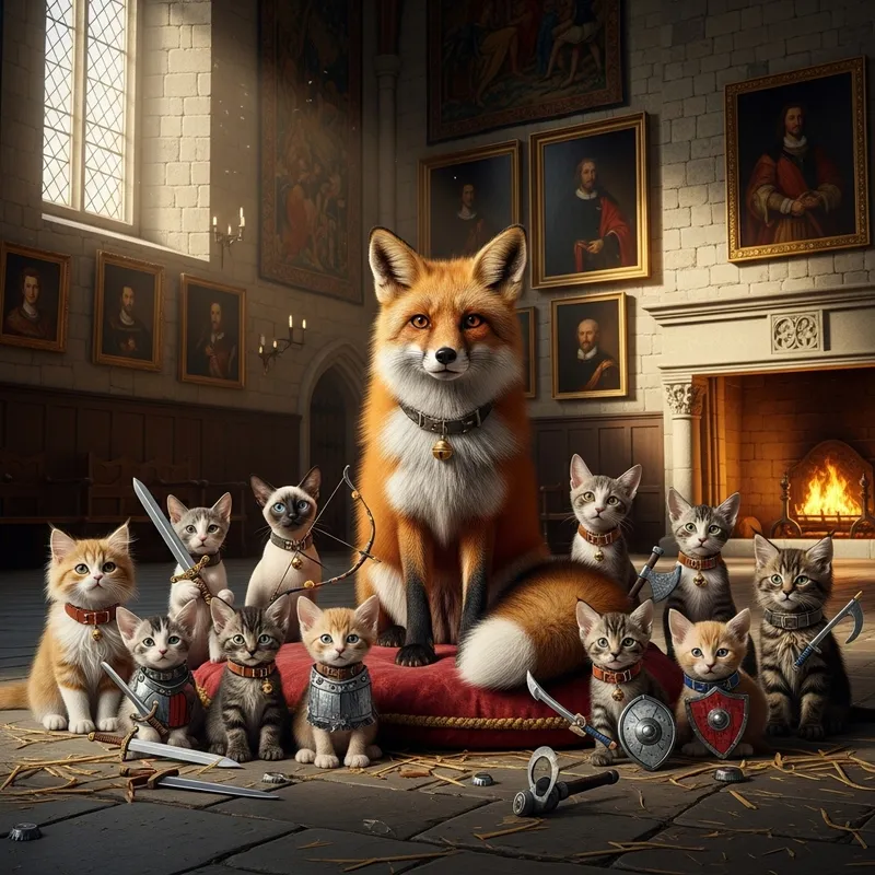 Intriguing Scene: Fox and Kittens Inside Ancient Castle