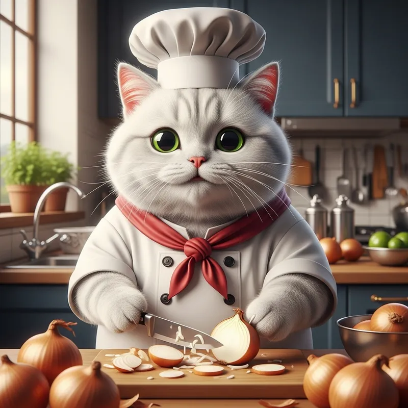 Chubby White British Cat Chef Cutting Onions in Kitchen