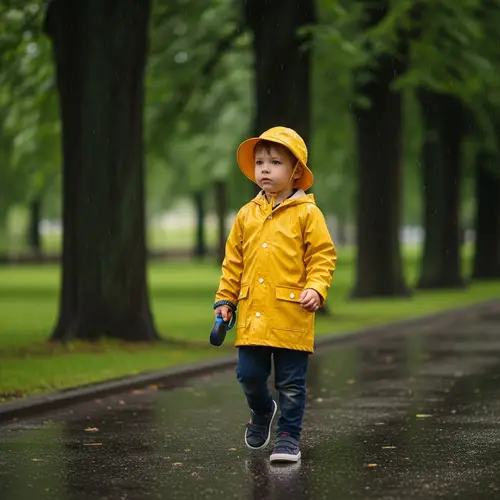 Young Boy Searching for Lost Dog in Rain