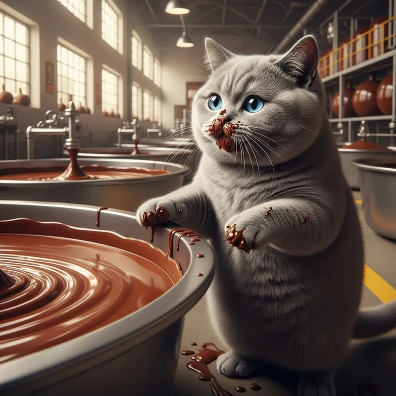 Adorable British Grey Cat in Chocolate Factory