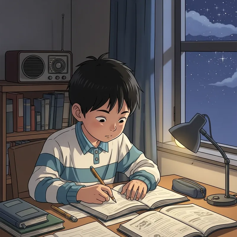 Boy Studying in Room with Night Sky Music
