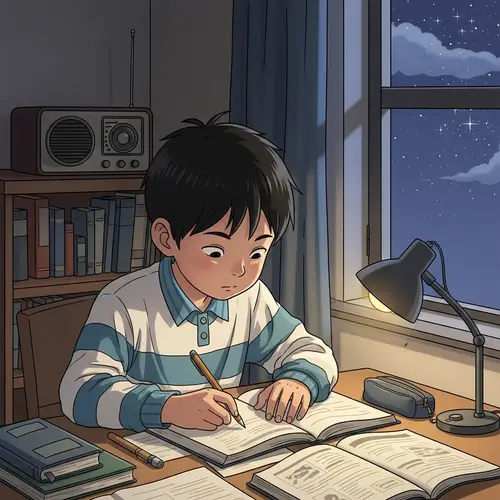 Young Asian Boy Studying with Vintage Radio Background