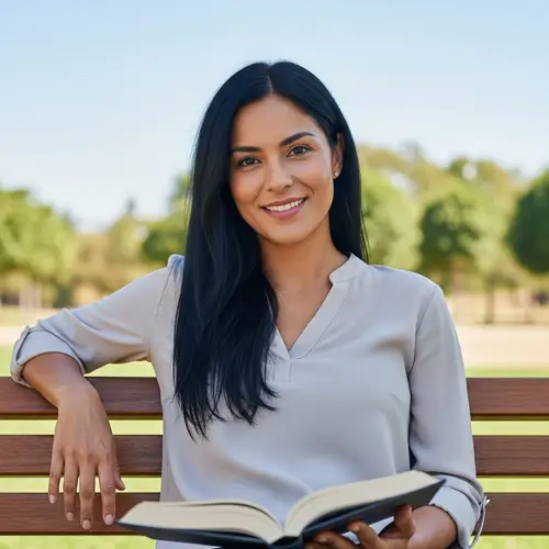 Photorealistic Hispanic Woman Portrait - Serene Park Bench Scene