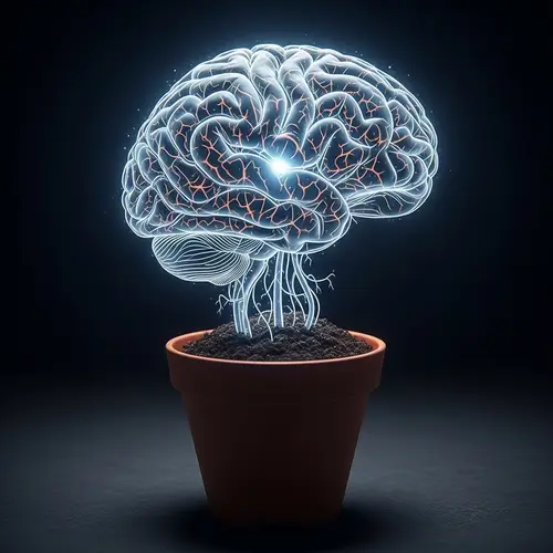 Human Brain Growing from Flower Pot with Neurons - Surreal Scene
