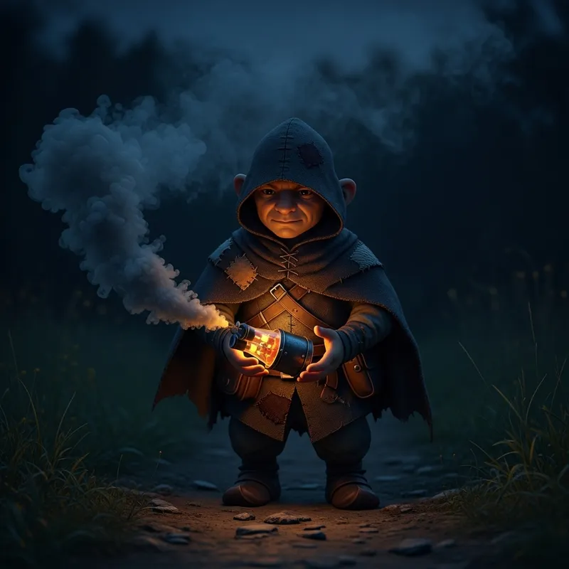 Halfling Thief Clutching Smoke Bomb in Night