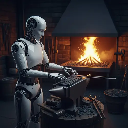 Modern Robot at Traditional Forge: Keyboard Hammering Scene