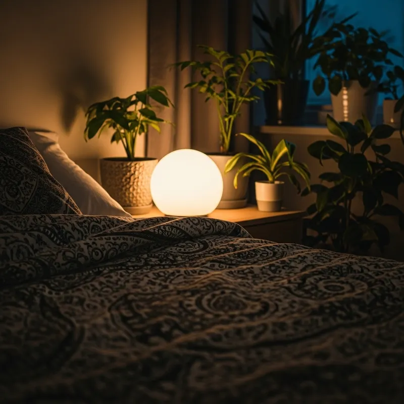 Cozy Bedroom Ambiance with Soft Lamp & Home Plants