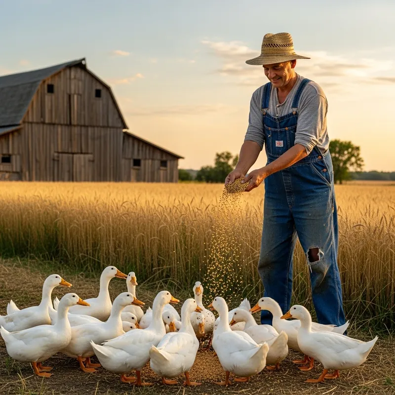Duck Feeding Scene in Tranquil Traditional Farming Setting Duck Feeding Scene in Tranquil Traditional Farming Setting