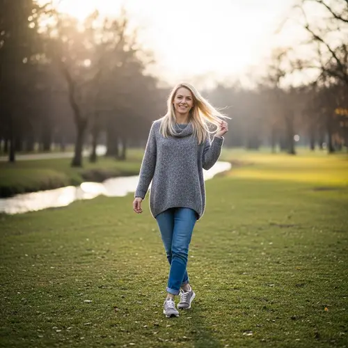 Blonde Woman in Peaceful Park with Gentle Stream | Warmly Welcoming Scene