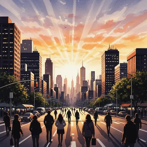 Watercolor Sunrise Over a Bustling City