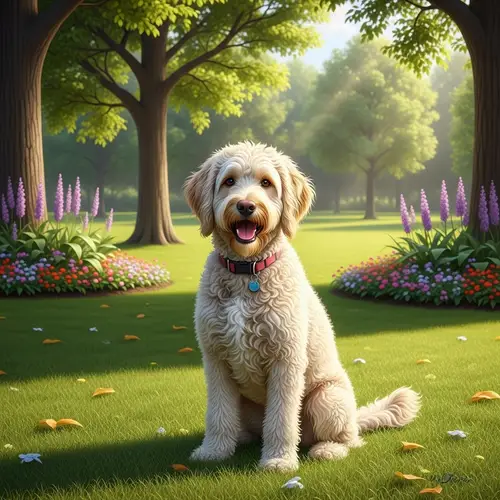 Detailed Depiction of Labradoodle: Fluffy Medium-Sized Dog in Green Park