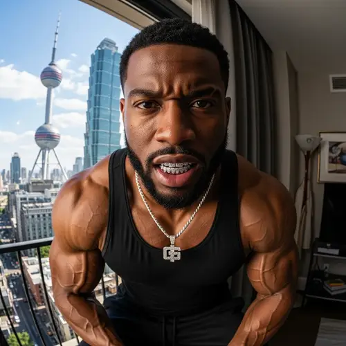 Hyper-Realistic African-American Bodybuilder in Luxury Street Fashion