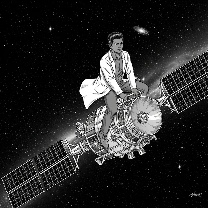Gender-Neutral Researcher Riding Satellite in Space - Manga Style