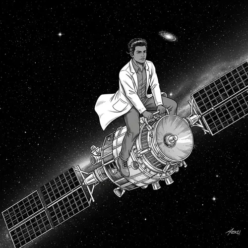 South Asian Researcher Riding Satellite in Space, Manga Style
