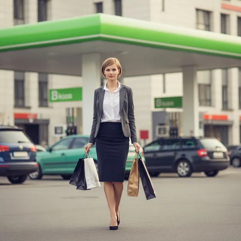 Elegant Young Woman Shopping with Modern Cars in Background