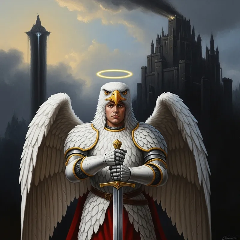 Expressive Knight in White Armor Oil Painting with Eagle Helmet