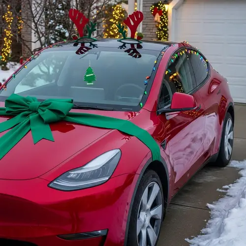 Festive Tesla Model Y with Red Exterior and Christmas Decorations