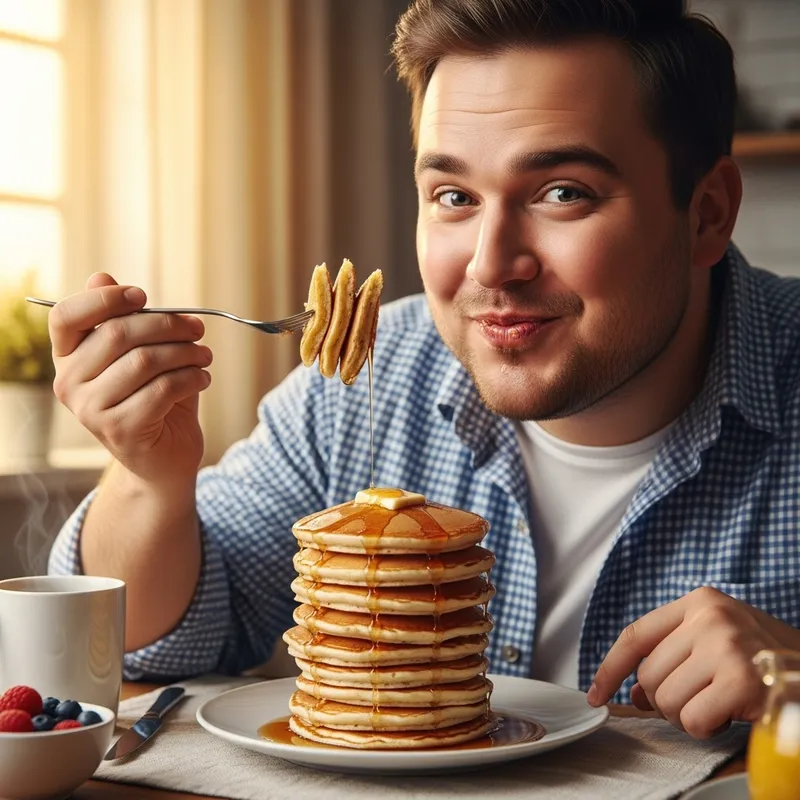 Chubby Person Eating Pancakes - Delightful Breakfast Moment