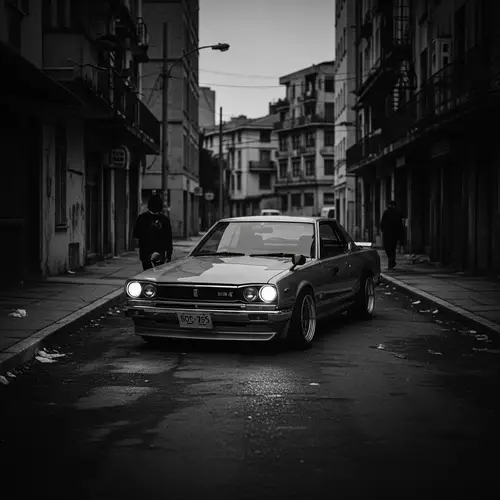 Vintage Nissan Skyline in Distressed Urban Setting | Film Noir Aesthetic