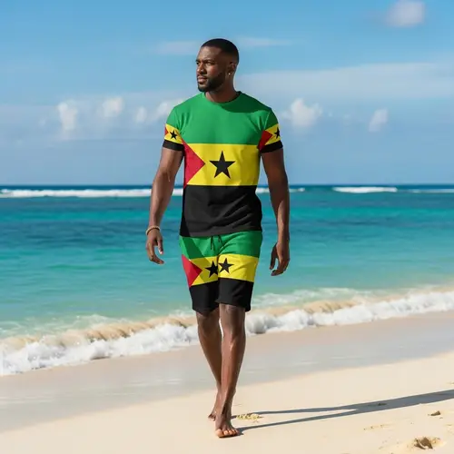 Black Man Wearing Kittitian Flag Outfit on Sandy Beach