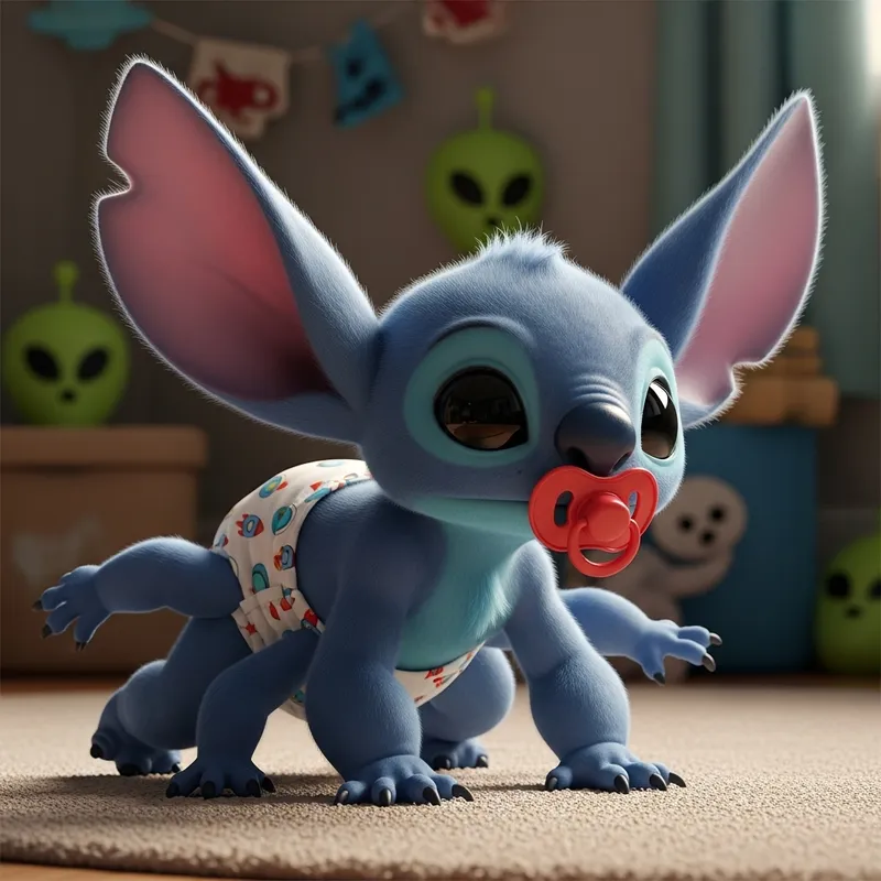 Cute One-Month-Old Experiment 626 in Stylish Diapers