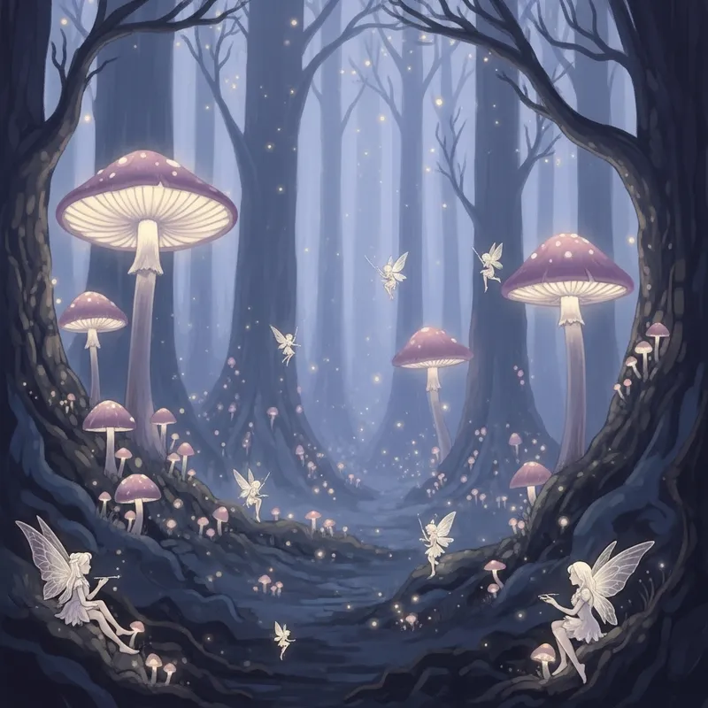 Dreamy Ethereal Forest with Glowing Mushrooms and Fairies