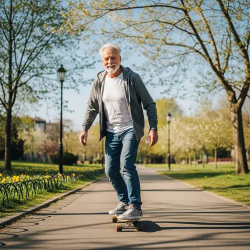 Elderly Caucasian Man Skateboarding in City Park