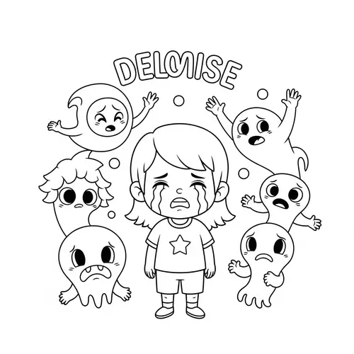 Whimsical Cartoon Drawing of Crying Child Surrounded by Demise Concept