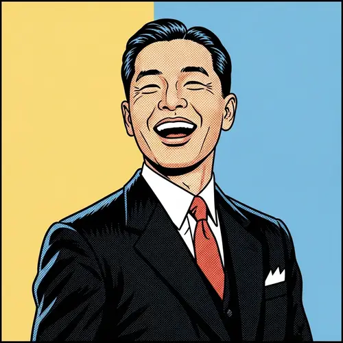 Japanese Man in Suit Laughing | Artistic Style of Hergé