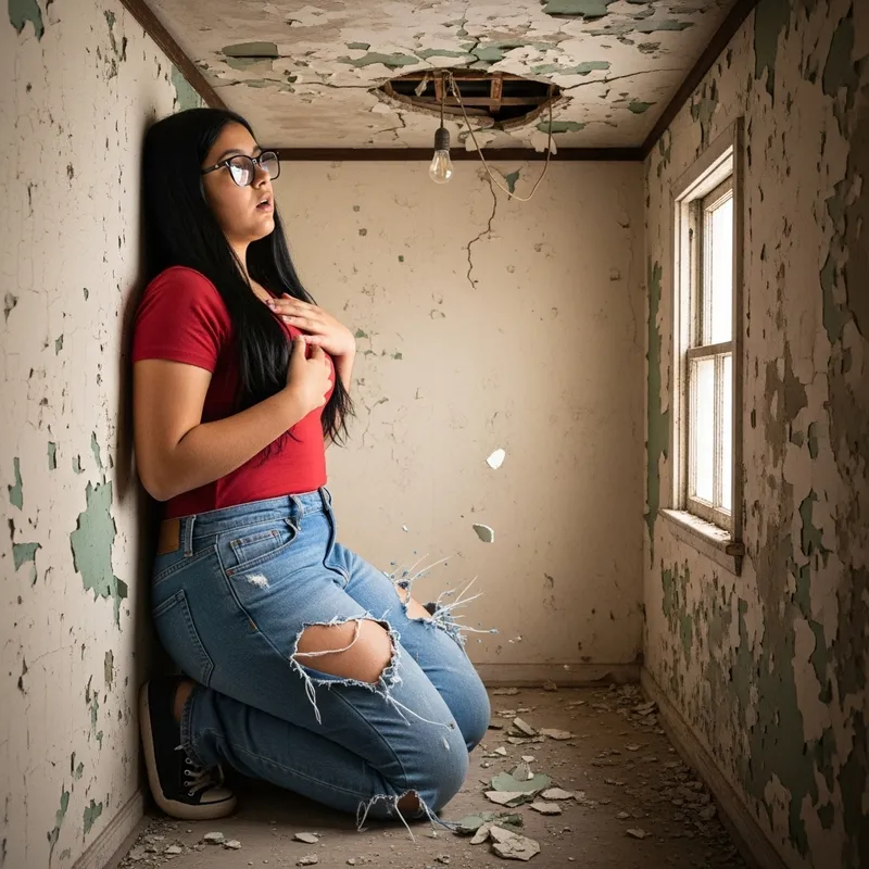 Giant Girl in Cramped Room: Squeezed Between Walls