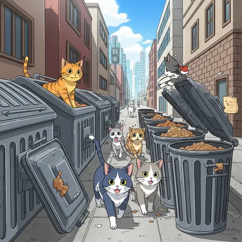 Anime Inspired Cartoon Felines Exploring Urban Lanes