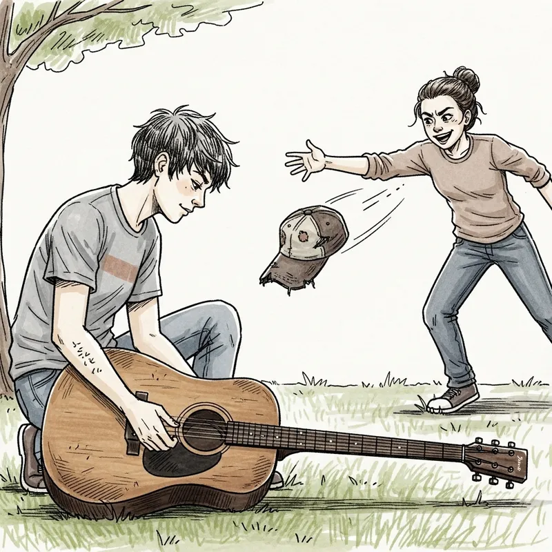 Hand-Drawn Scene of Guitar and Worn-Out Cap