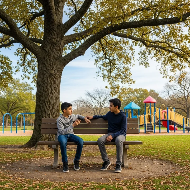 Two Boys Engaged in Conversation at the Park