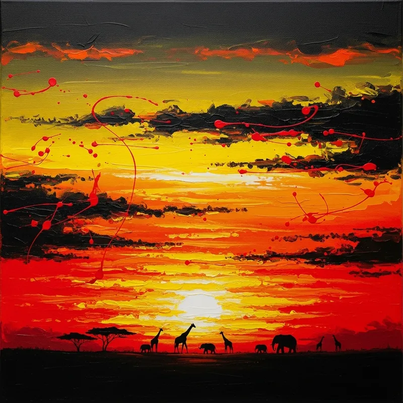Abstract Sunset Oil Painting | Giraffes, Elephants, Black & Orange