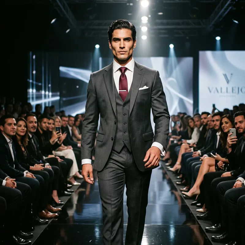 Captivating Hispanic Male Model Striding Down Runway in Stylish Suit