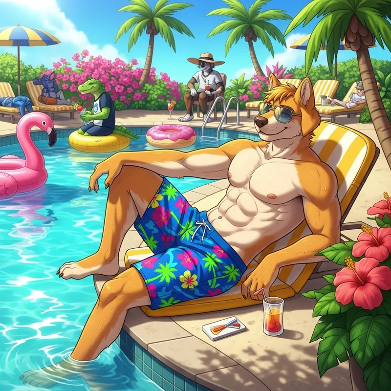 Male Dog Demi-Human Lounging by Pool in Vibrant Beach Shorts