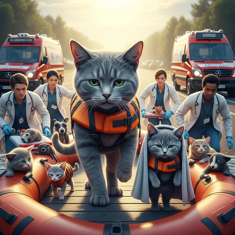 Real Life Grey Cat & Kitten in Orange Safety Vests Rescued Real Life Grey Cat & Kitten in Orange Safety Vests Rescued