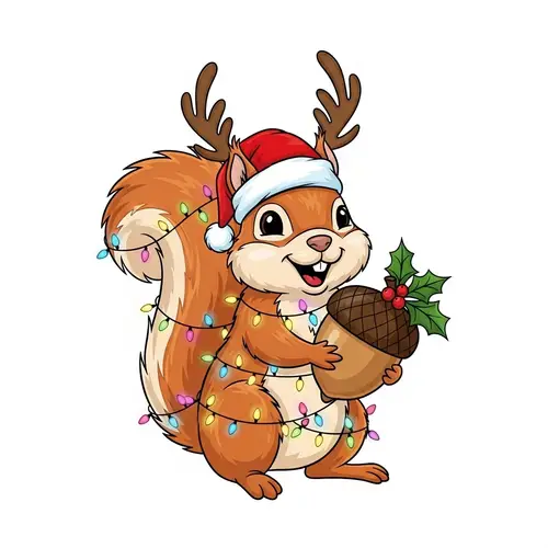Cartoon Squirrel with Reindeer Antlers and Santa Hat Illustration
